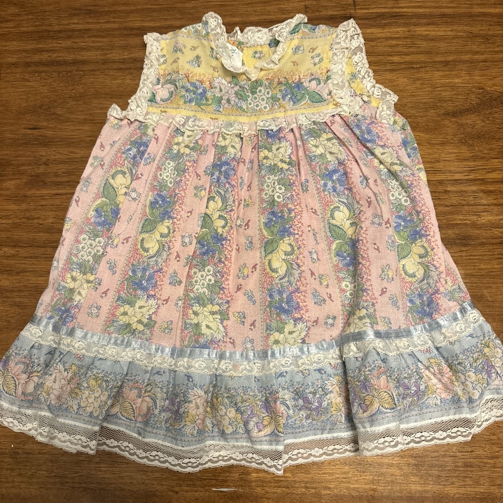 Vtg Kate Greenaway Frock Floral Dress with Pastels & Lace 4T Spring Pastoral